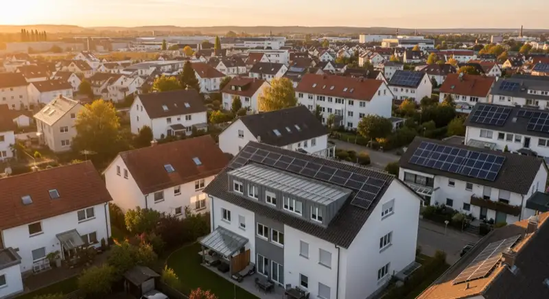 Aerial drone view of typical German residential neighborhood with mixed roof types, red and dark roof tiles, gardens visible, sunny day