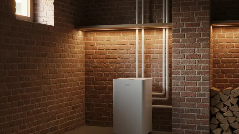 Heizungskeller in einem Frankfurter Altbau mit neuer Wärmepumpe