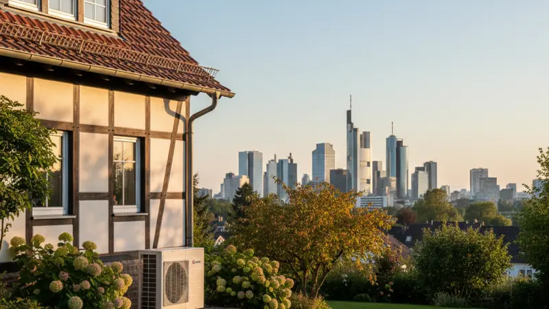 Einfamilienhaus mit Wärmepumpe in Frankfurt am Main, Skyline im Hintergrund