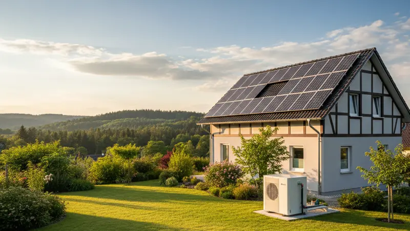 Einfamilienhaus in Frankfurt mit Solaranlage auf dem Dach und Wärmepumpe im Garten