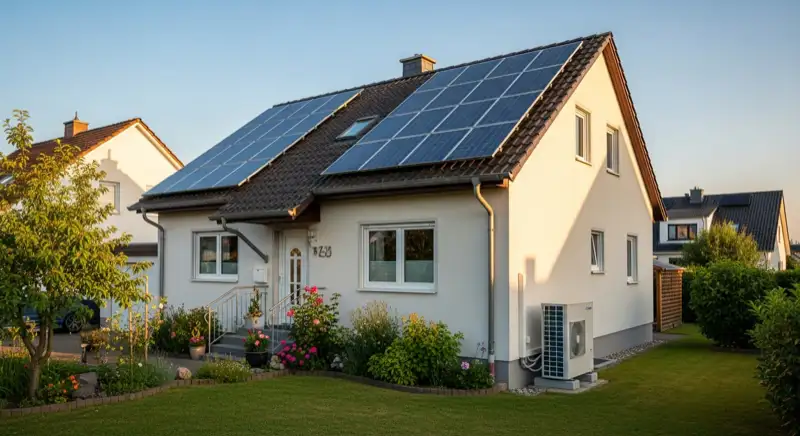 German detached house (Einfamilienhaus) with photovoltaic panels on pitched roof, well-maintained garden, warm afternoon sunlight