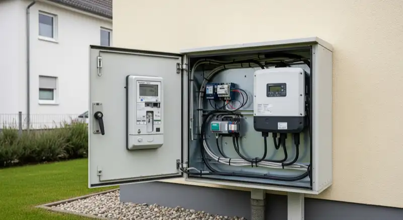 Modern German electrical meter cabinet (Zählerschrank) with smart meter and solar inverter connection, clean technical installation