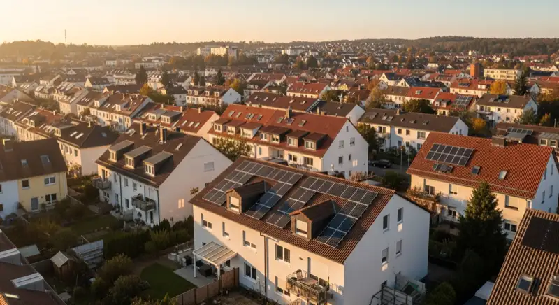 Aerial drone view of typical German residential neighborhood with mixed roof types, red and dark roof tiles, gardens visible, sunny day