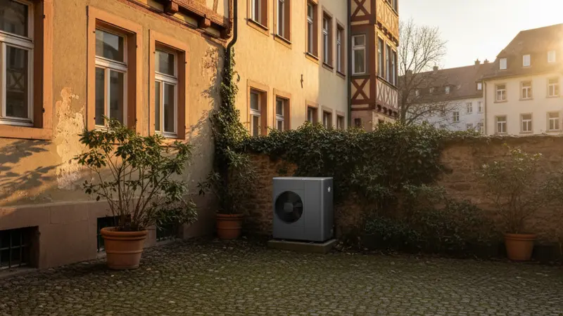 Wärmepumpe im Innenhof eines Freiburger Altbaus