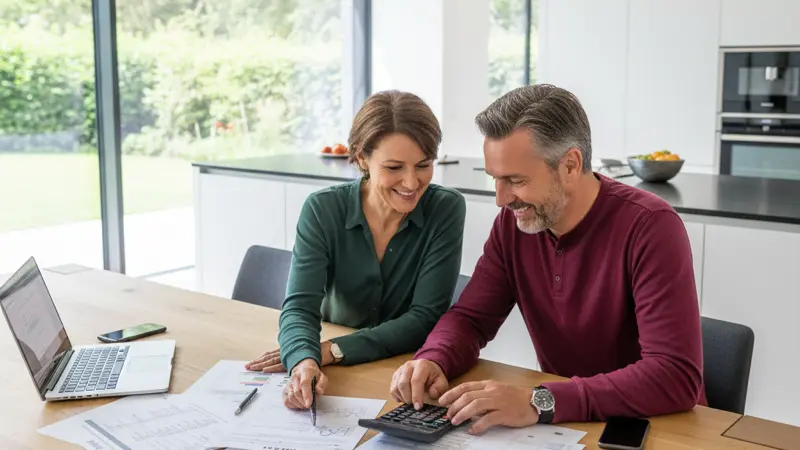 Ehepaar prüft Förderungsunterlagen für eine Wärmepumpe am Küchentisch