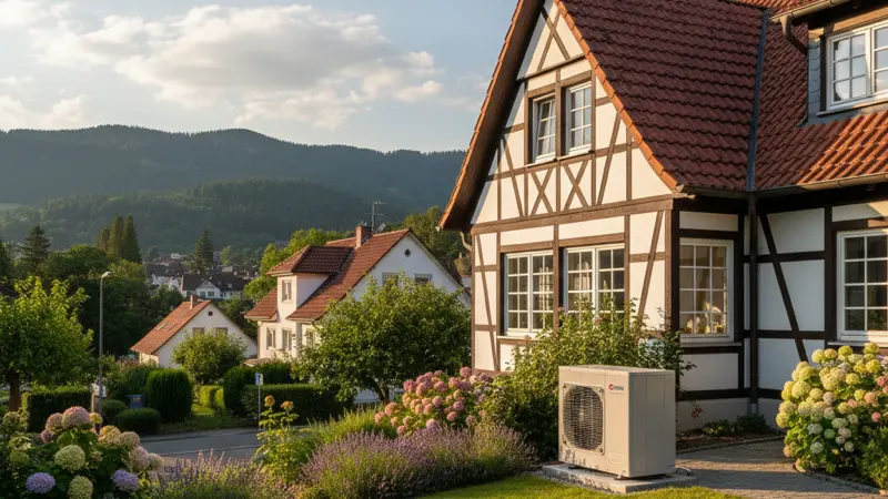 Wärmepumpe vor einem Freiburger Einfamilienhaus mit Schwarzwald-Panorama im Hintergrund