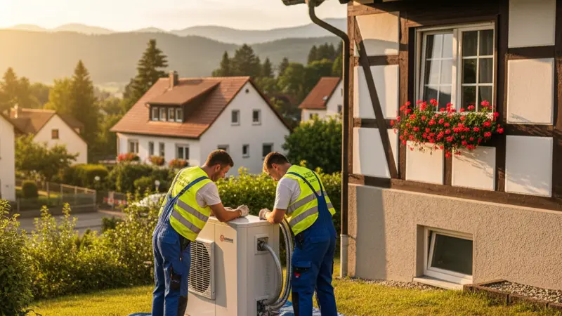 Heizungsmonteure bei der Wärmepumpen-Installation in Freiburg