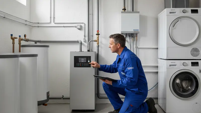 Techniker bei der Wartung einer Wärmepumpe in einem Freiburger Haus