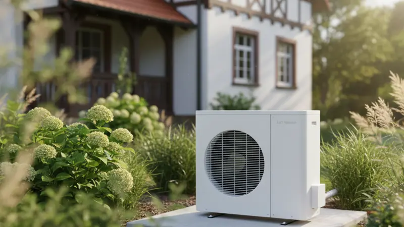 Luft-Wasser-Wärmepumpe im Garten eines Freiburger Hauses in der Wiehre