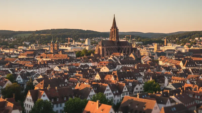 Panoramablick auf Freiburg im Breisgau mit dem Schwarzwald im Hintergrund