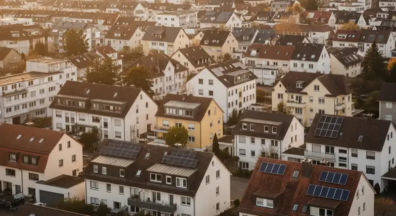 Wohngebiete in Freiburg mit verschiedenen Bauformen, typische Einfamilienhäuser und Dachstrukturen aus der Luft