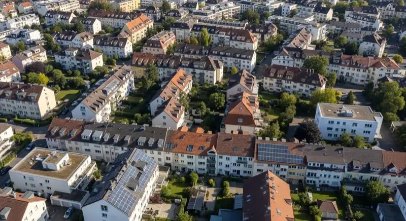 Wohngebiete in Freiburg mit verschiedenen Bauformen, typische Einfamilienhäuser und Dachstrukturen aus der Luft
