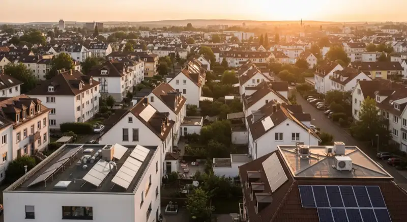 Wohngebiete in Freiburg mit verschiedenen Bauformen, typische Einfamilienhäuser und Dachstrukturen aus der Luft