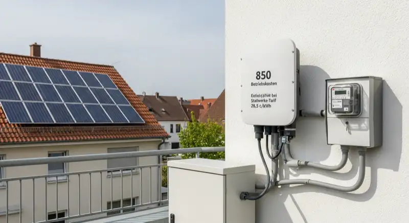 Modern German electrical meter cabinet (Zählerschrank) with smart meter and solar inverter connection, clean technical installation