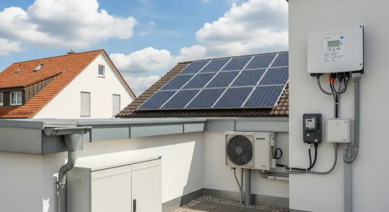 Modern German electrical meter cabinet (Zählerschrank) with smart meter and solar inverter connection, clean technical installation