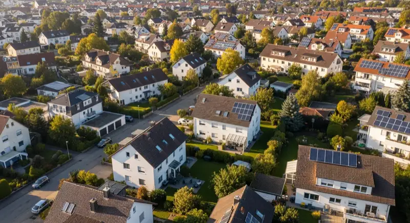 Aerial drone view of typical German residential neighborhood with mixed roof types, red and dark roof tiles, gardens visible, sunny day