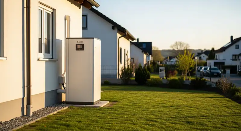 Moderne Luft-Wasser-Wärmepumpe vor Einfamilienhaus in Freising Lerchenfeld