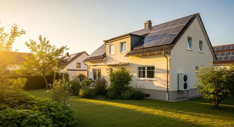 German detached house (Einfamilienhaus) with photovoltaic panels on pitched roof, well-maintained garden, warm afternoon sunlight
