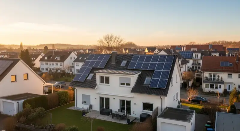 Einfamilienhaus in Fürth mit Photovoltaikanlage auf dem Dach und Wärmepumpe im Garten