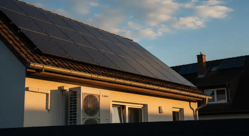 Close-up of photovoltaic solar panels installed on a traditional German Satteldach (gabled roof), blue sky with some clouds
