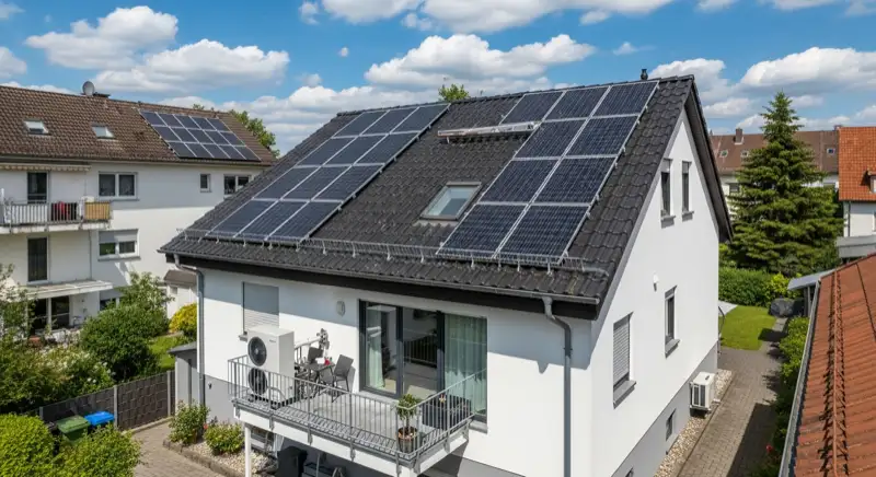Moderne Luft-Wasser-Wärmepumpe vor gepflegtem Einfamilienhaus in Fürth