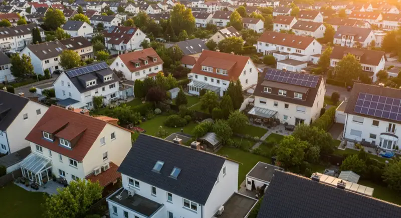 Aerial drone view of typical German residential neighborhood with mixed roof types, red and dark roof tiles, gardens visible, sunny day