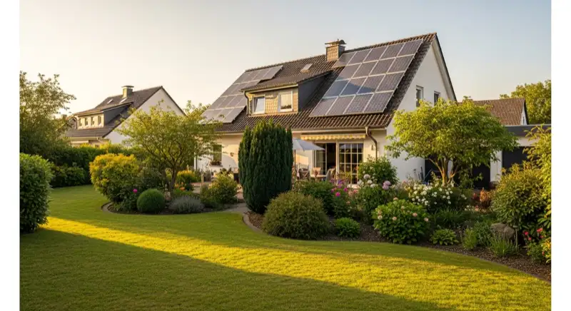 German detached house (Einfamilienhaus) with photovoltaic panels on pitched roof, well-maintained garden, warm afternoon sunlight