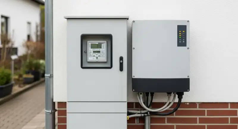 Modern German electrical meter cabinet (Zählerschrank) with smart meter and solar inverter connection, clean technical installation