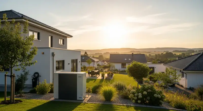 Modernes Einfamilienhaus in Fulda mit Wärmepumpe im Garten vor typischer Rhön-Landschaft