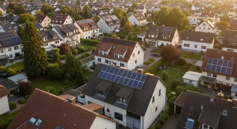 Aerial drone view of typical German residential neighborhood with mixed roof types, red and dark roof tiles, gardens visible, sunny day