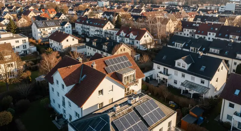 Aerial drone view of typical German residential neighborhood with mixed roof types, red and dark roof tiles, gardens visible, sunny day