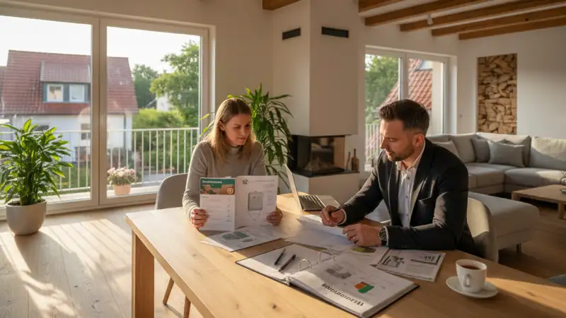 Energieberater mit Kostenaufstellung für Wärmepumpen in Garbsen, Laptop und Dokumente auf dem Schreibtisch