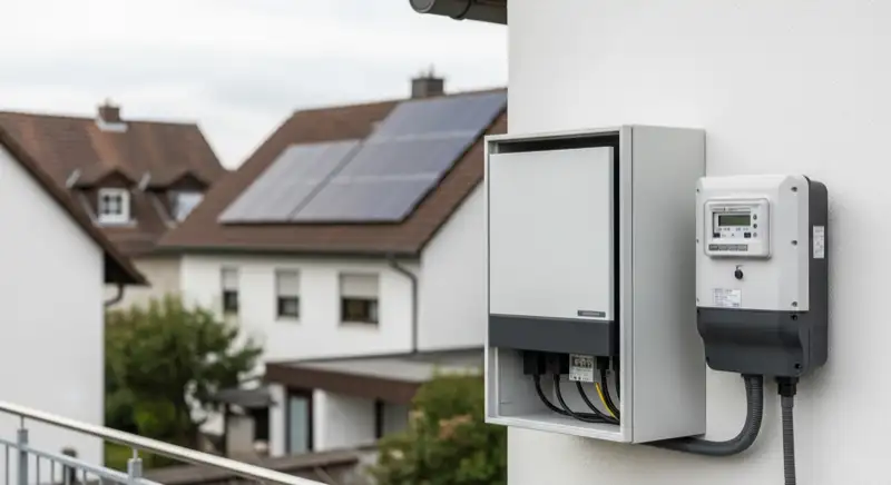 Modern German electrical meter cabinet (Zählerschrank) with smart meter and solar inverter connection, clean technical installation