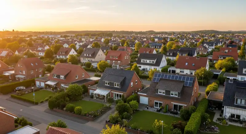 Aerial drone view of typical German residential neighborhood with mixed roof types, red and dark roof tiles, gardens visible, sunny day
