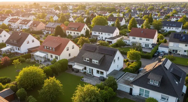 Aerial drone view of typical German residential neighborhood with mixed roof types, red and dark roof tiles, gardens visible, sunny day
