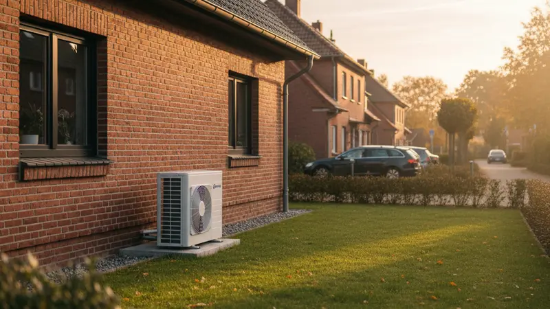 Wärmepumpe vor einem Einfamilienhaus in Gelsenkirchen, moderne Luft-Wasser-Wärmepumpe im Ruhrgebiet