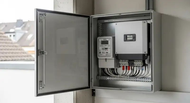 Modern German electrical meter cabinet (Zählerschrank) with smart meter and solar inverter connection, clean technical installation