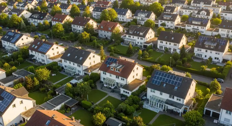 Aerial drone view of typical German residential neighborhood with mixed roof types, red and dark roof tiles, gardens visible, sunny day