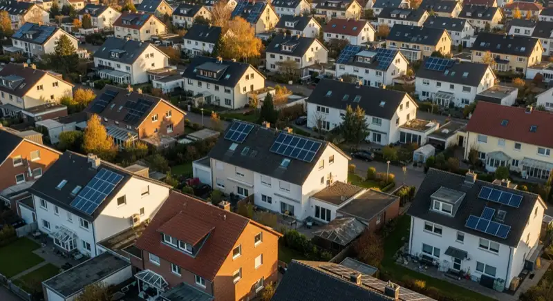 Aerial drone view of typical German residential neighborhood with mixed roof types, red and dark roof tiles, gardens visible, sunny day
