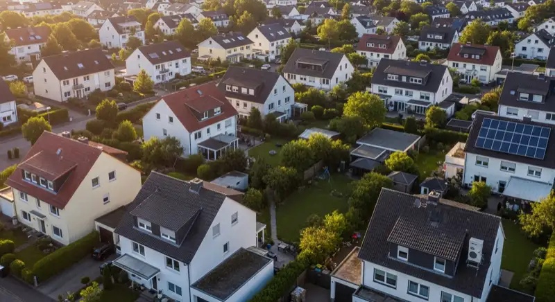 Aerial drone view of typical German residential neighborhood with mixed roof types, red and dark roof tiles, gardens visible, sunny day