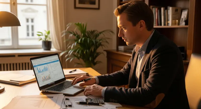 Energieberater mit Kostenaufstellung für Wärmepumpen in Gera, Laptop und Dokumente auf dem Schreibtisch