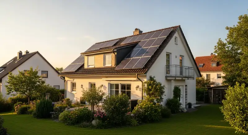 German detached house (Einfamilienhaus) with photovoltaic panels on pitched roof, well-maintained garden, warm afternoon sunlight