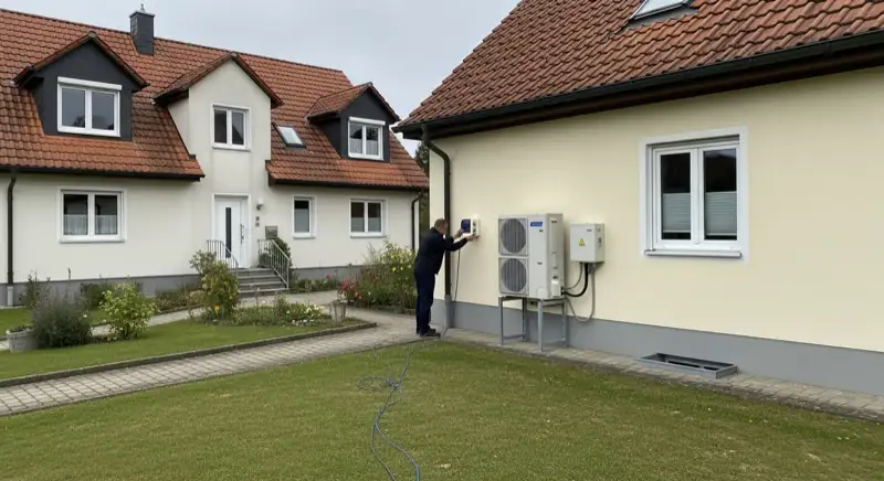 Installateur prüft Außeneinheit und Leitungsweg an einem Bestandsgebäude in Germering