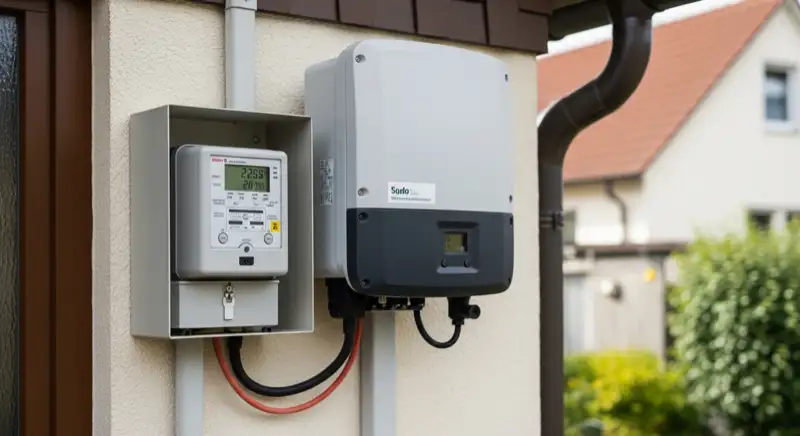 Modern German electrical meter cabinet (Zählerschrank) with smart meter and solar inverter connection, clean technical installation