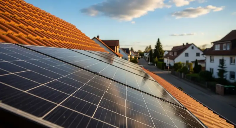 Close-up of photovoltaic solar panels installed on a traditional German Satteldach (gabled roof), blue sky with some clouds
