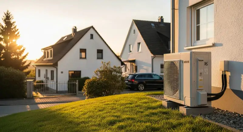 Wärmepumpen-Außeneinheit vor einem Einfamilienhaus in Germering
