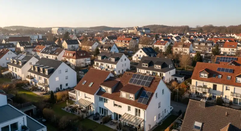 Aerial drone view of typical German residential neighborhood with mixed roof types, red and dark roof tiles, gardens visible, sunny day