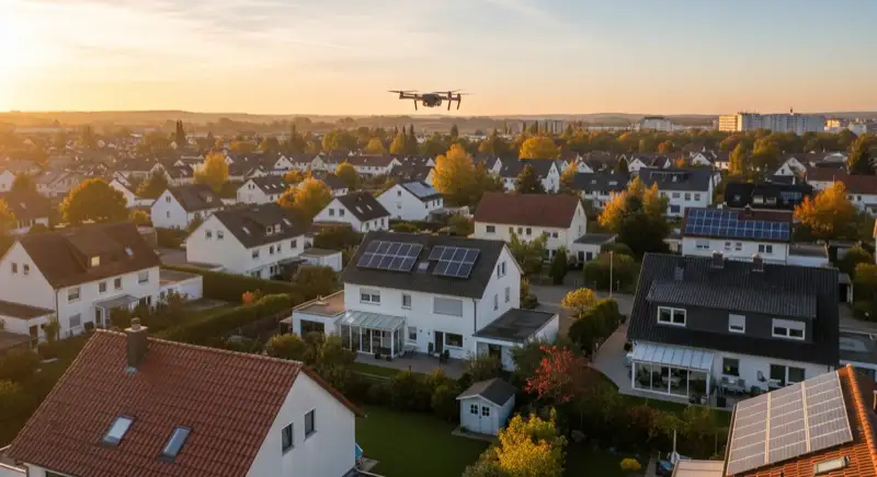 Aerial drone view of typical German residential neighborhood with mixed roof types, red and dark roof tiles, gardens visible, sunny day