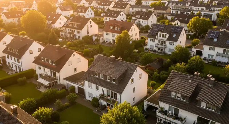 Aerial drone view of typical German residential neighborhood with mixed roof types, red and dark roof tiles, gardens visible, sunny day