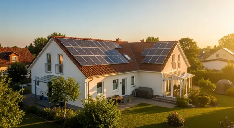 German detached house (Einfamilienhaus) with photovoltaic panels on pitched roof, well-maintained garden, warm afternoon sunlight
